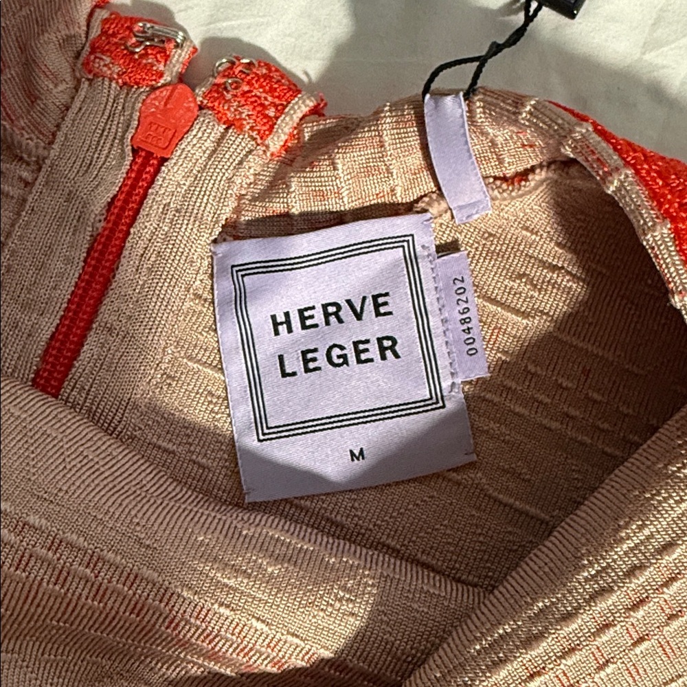 Herve Leger Orange and Cream Striped Sleeveless Bandage Dress - Picture 2 of 3